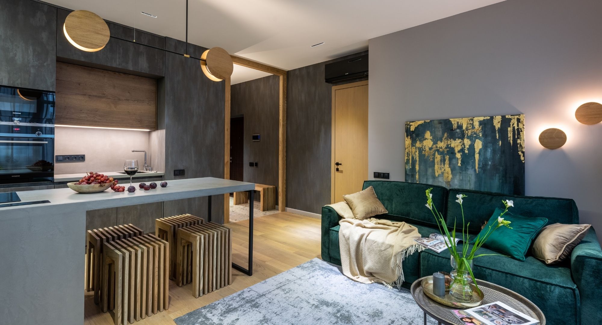 residential living and renovated kitchen with green accents