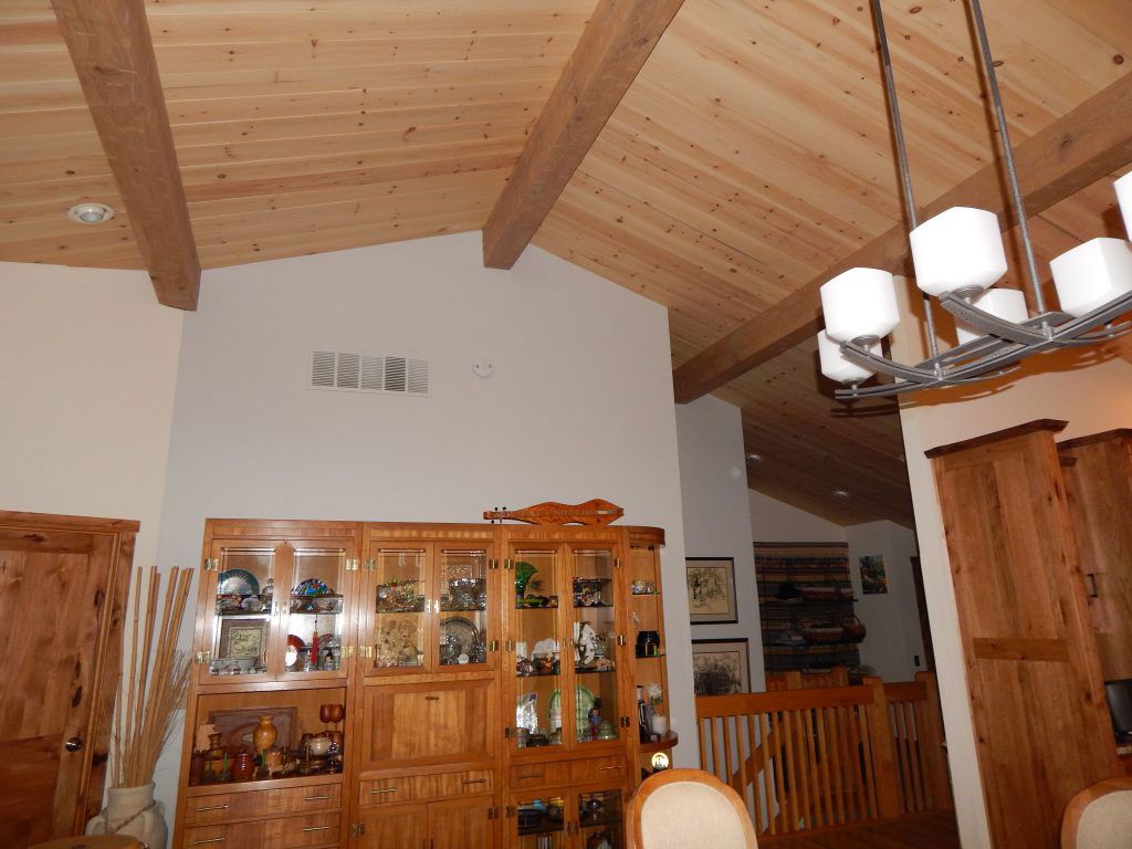 Oak Hand Hewn Box Beams and Pine Shiplap Ceiling
