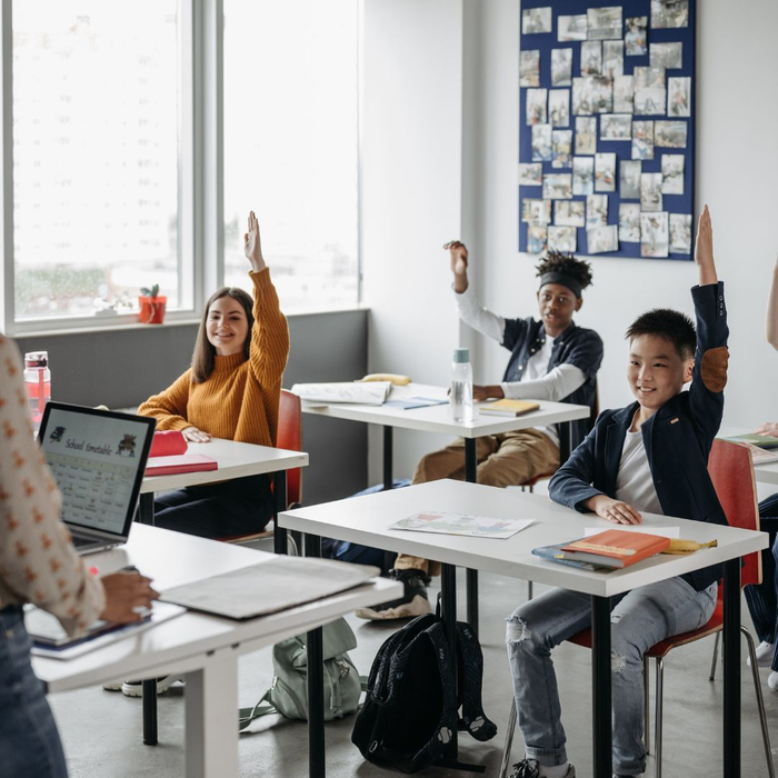 students in class with hands raised