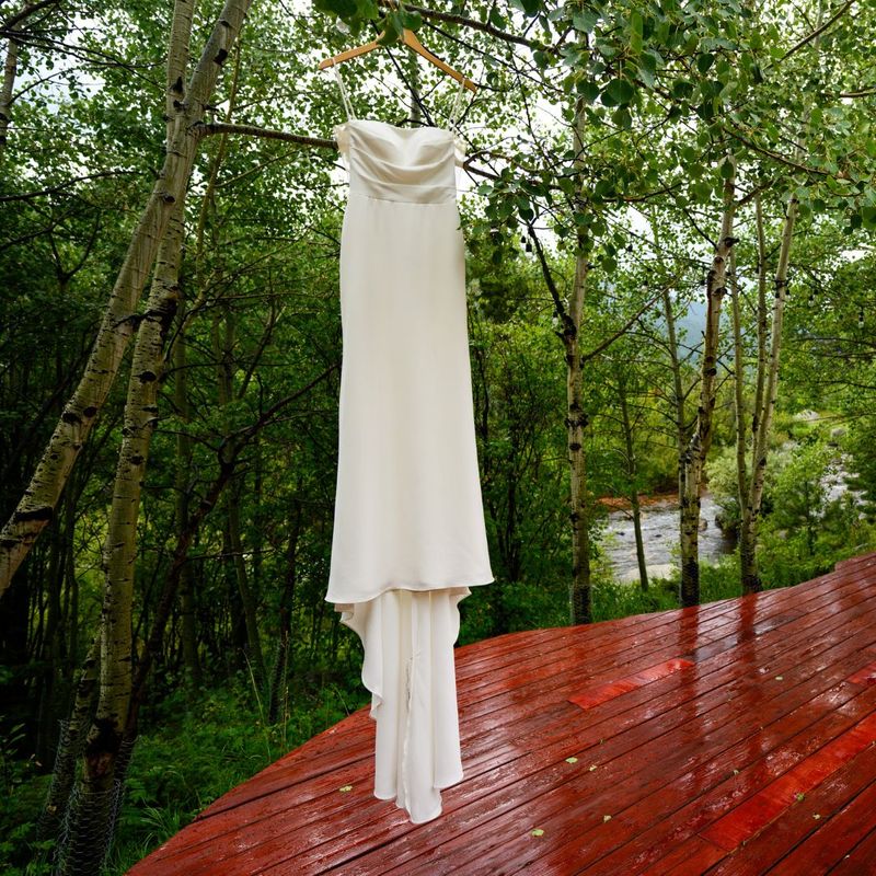 a wedding dress hanging up on a tree