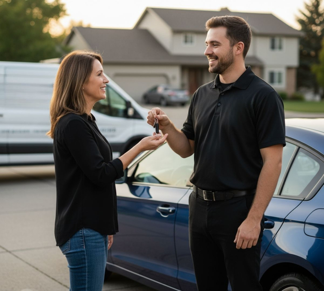 mobile detailing employee handing back car keys to happy customer