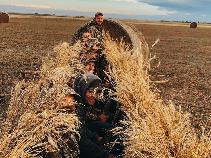 hunting group hiding in blinds on the field