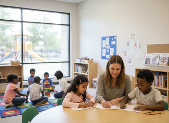 A smiling teacher helps a girl and a boy write at a table. Other diverse children play on a rug, with an outdoor playground visible. Teacher and Diverse Children Learning in a Preschool Classroom