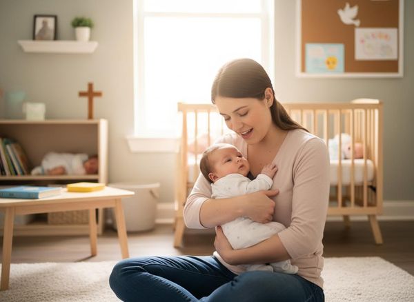 A young mother sits on the floor, lovingly holding one baby, while another infant sleeps in a crib in the sunny nursery. Mother and Infant in Nursery