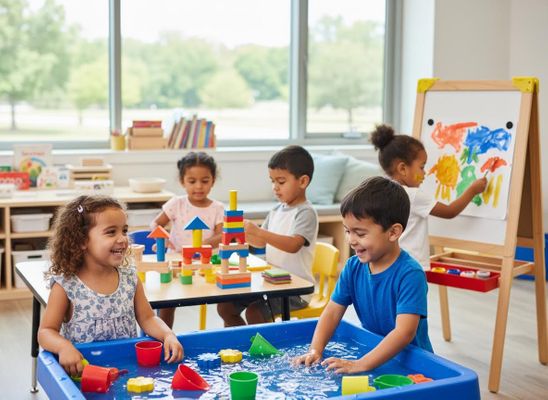 Happy preschoolers engage in diverse activities: water play, block building, and painting, fostering development in a bright classroom. Children playing and learning in a vibrant classroom