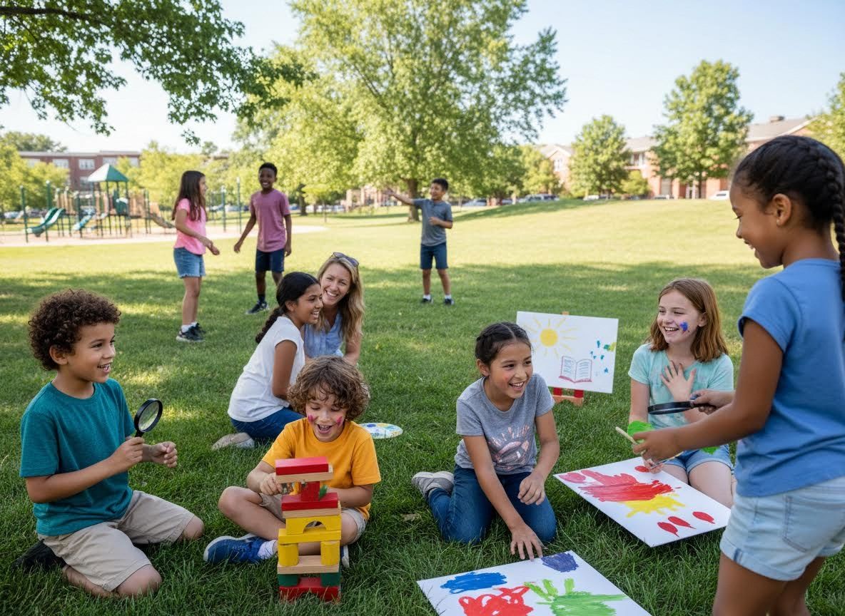 Children and adults enjoying creative activities in a park