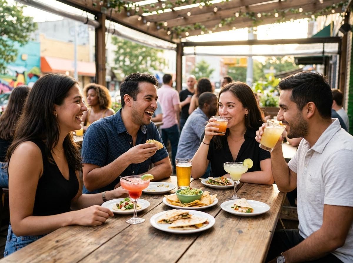 Friends enjoying Mexican food and drinks at an outdoor patio