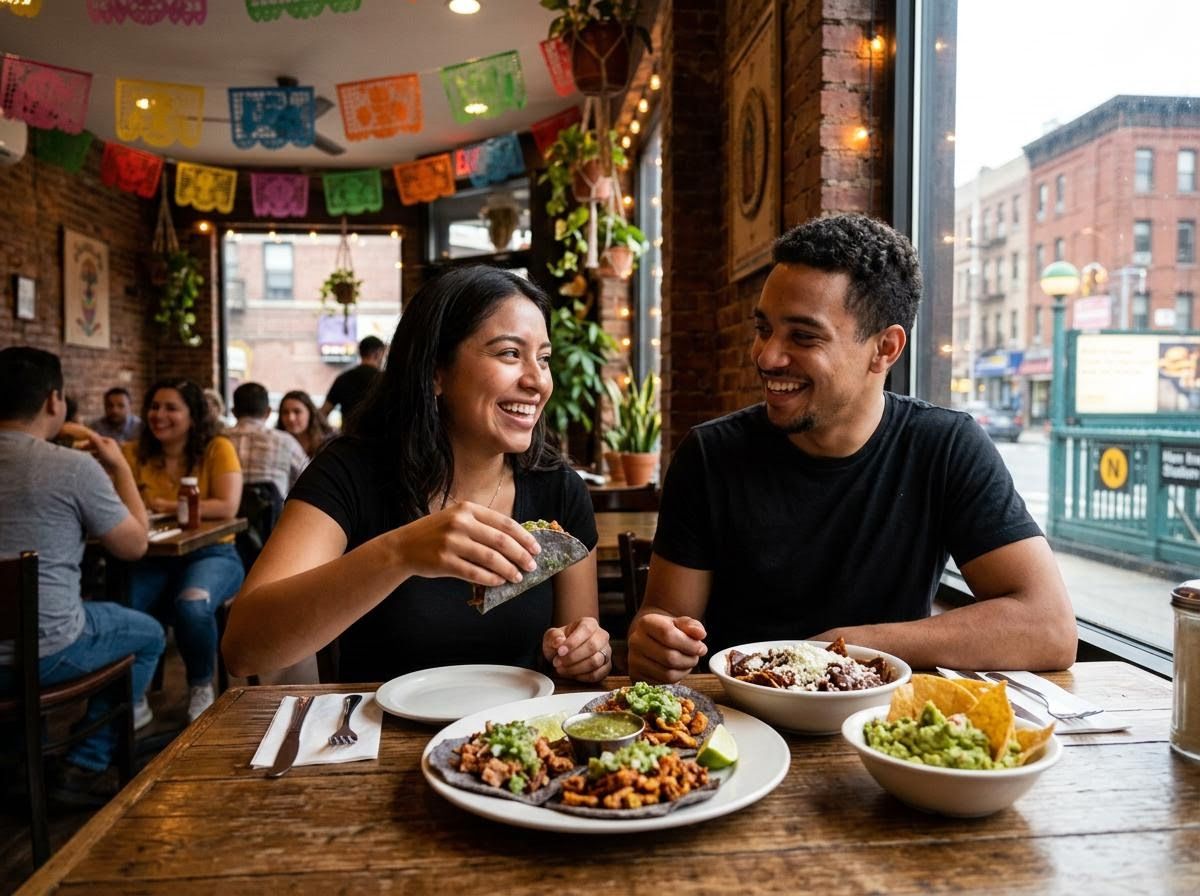 Happy couple enjoying tacos at a lively Mexican restaurant