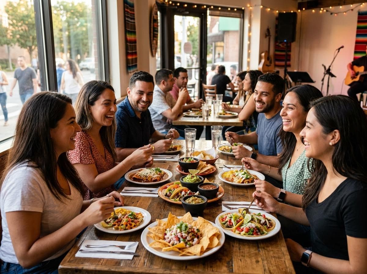 Friends Enjoying Mexican Cuisine at a Lively Restaurant