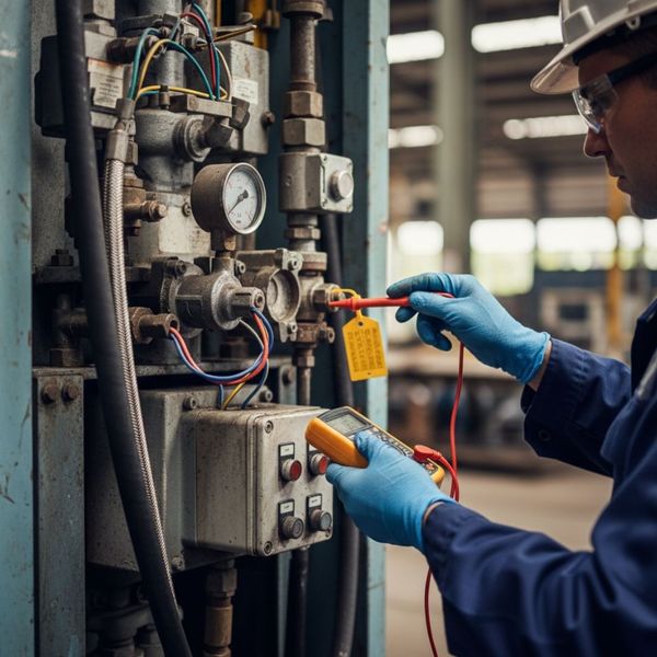 A close-up shot of a technician’s hands performing a detailed safety and compliance inspection on industrial fueling components.