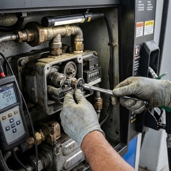 close-up of a technician's hands utilizing specialized calibration tools on a fuel pump meter