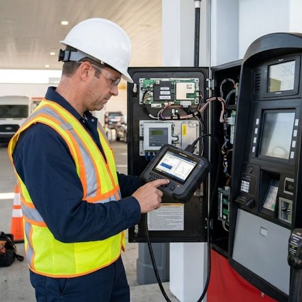 technician using a digital diagnostic device to check the electronic readouts on a modern fuel dispenser