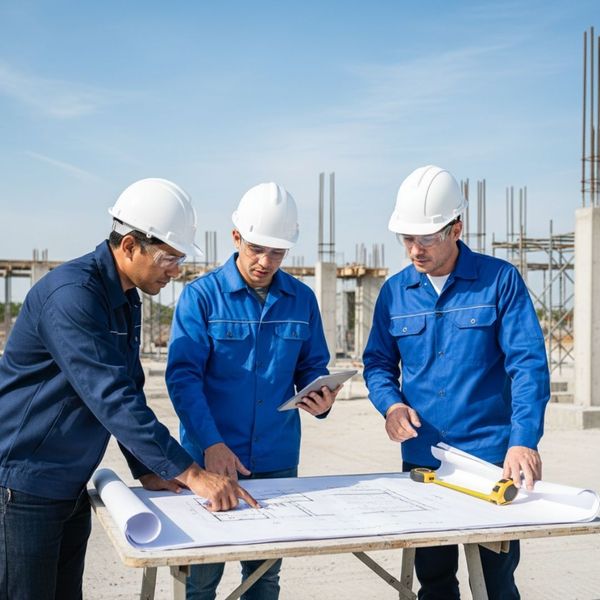 A group of professional contractors in hard hats carefully review construction blueprints at an outdoor fuel station site.