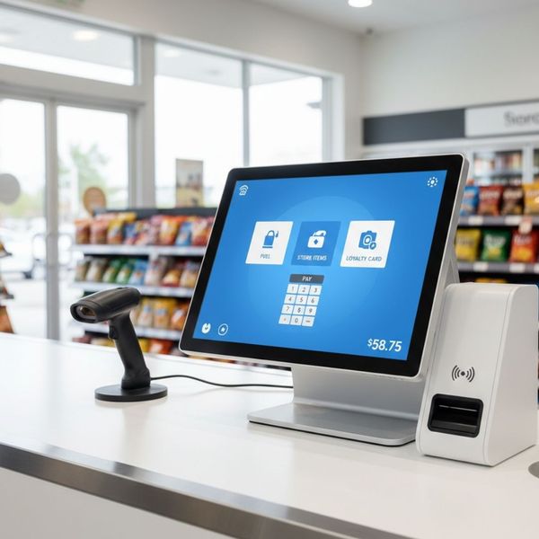 A modern and sleek digital point of sale system interface is displayed on a clean counter in a professional retail environment.