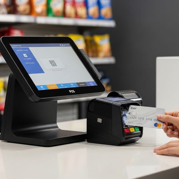 A modern gas station POS system with an EMV chip card reader being used for a transaction.