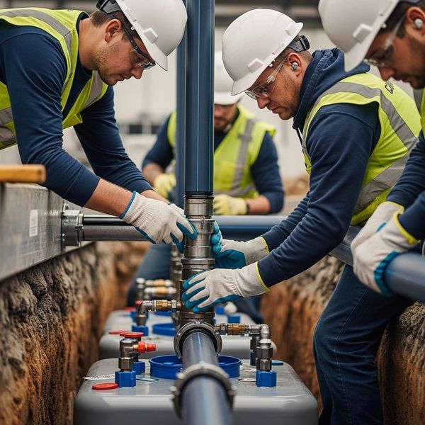 Professional contractors installing underground fuel system components at a construction site.
