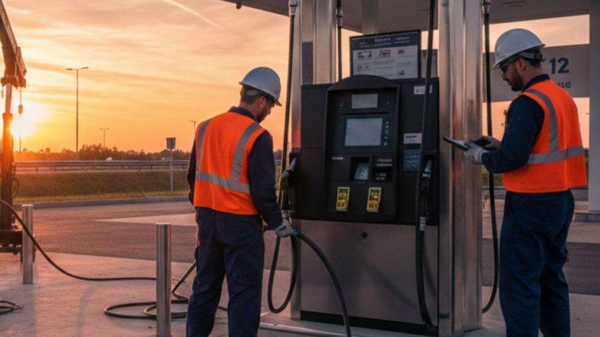 Professional technicians in high-visibility gear work on installing modern fuel dispensers at a clean, well-lit gas station. Professional technicians in high-visibility gear work on installing modern fuel dispensers at a clean, well-lit gas station.