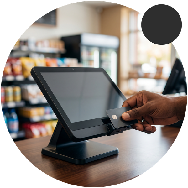 A close-up of a customer's hand inserting a chip-enabled payment card into a sleek, modern point-of-sale terminal on a store counter.