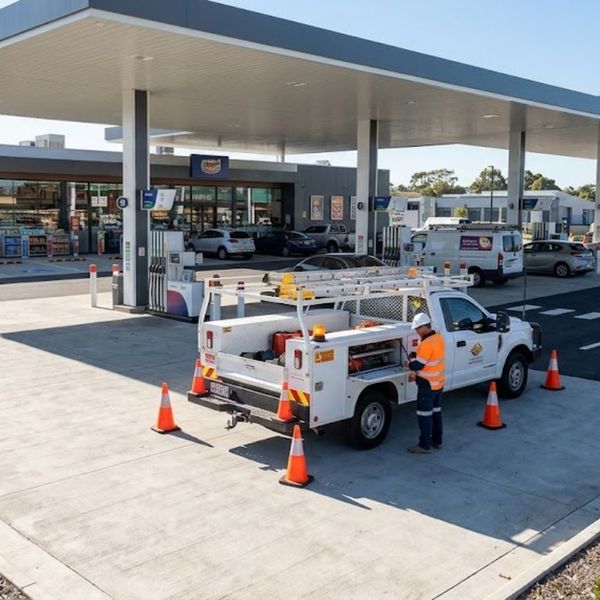 service truck parked securely at a commercial fuel station site during a bright, sunny day