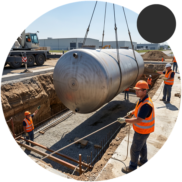 A construction crew using a crane and guide ropes to carefully lower a large steel underground fuel storage tank into a deep excavation site.