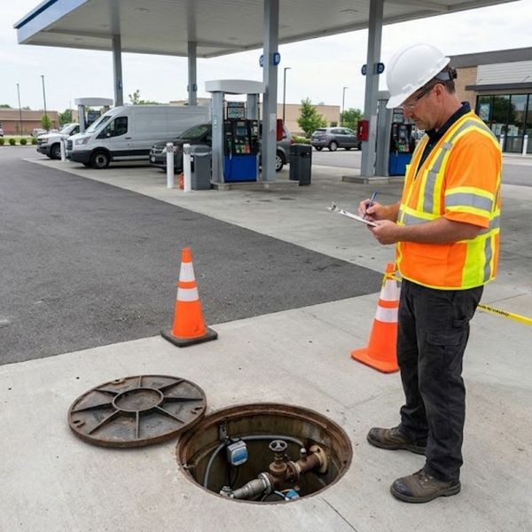inspecting an open underground fuel storage tank access point with a clipboard in hand inspecting an open underground fuel storage tank access point with a clipboard in hand