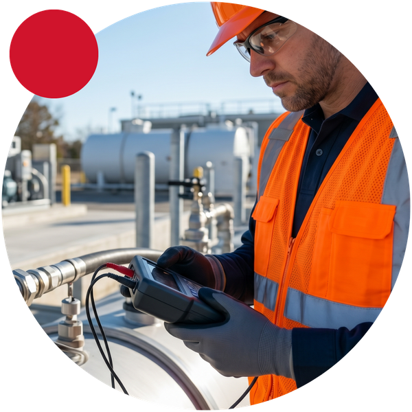 A professional technician in a high-visibility vest and safety glasses using a handheld electronic testing device to inspect equipment at an outdoor fuel storage facility.