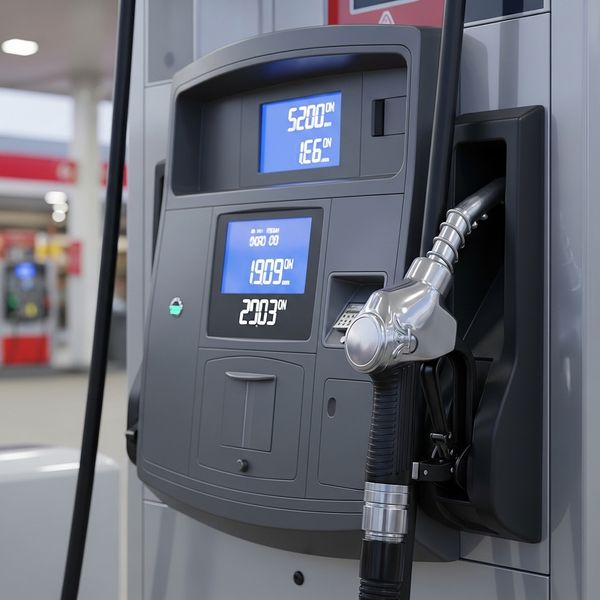 A new, high-tech fuel dispenser at a gas station highlighting modern petroleum equipment.