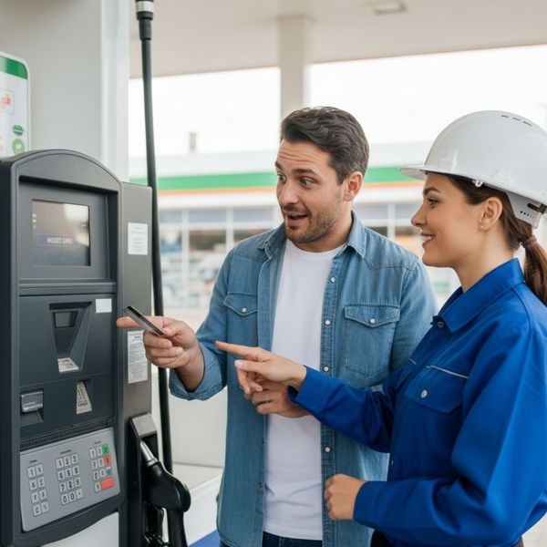 A friendly maintenance worker in uniform provides expert technical support at a modern fuel pump station.