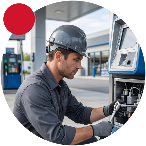 A skilled technician in a hard hat and work gloves using a socket wrench to perform maintenance or installation on the internal components of a modern fuel dispenser.