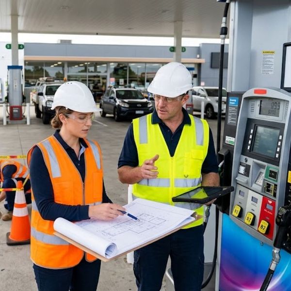 Two professionals in hard hats and safety vests discussing a project plan while standing next to a commercial fuel dispenser Two professionals in hard hats and safety vests discussing a project plan while standing next to a commercial fuel dispenser