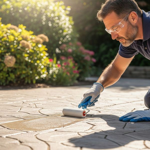 professional applying a clear sealant to a decorative concrete walkway professional applying a clear sealant to a decorative concrete walkway