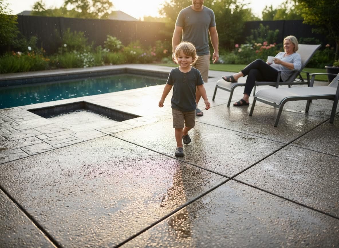 Happy child walks on wet concrete patio by pool