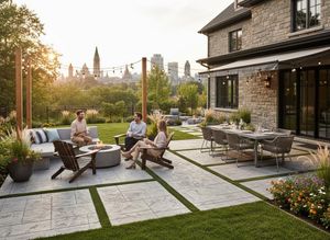 Luxury Backyard Patio with Fire Pit and City View at Sunset