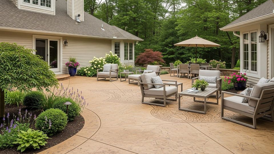 beautiful decorative concrete patio with stylish furniture,
