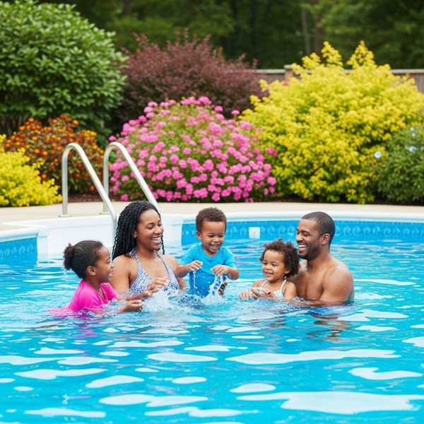 family enjoying pool