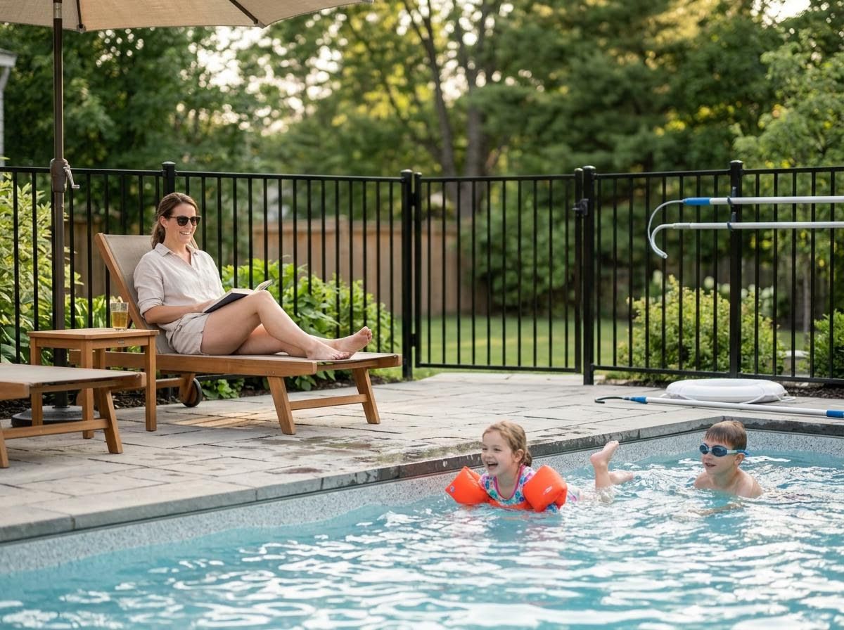 Family relaxing by backyard swimming pool