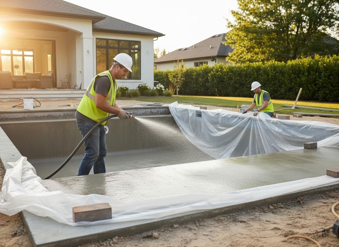 Workers building a new swimming pool
