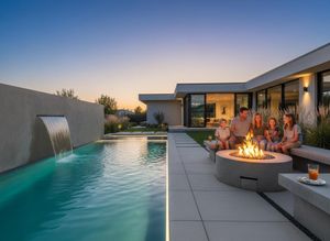 A family of five sits around an outdoor fire pit on a modern patio next to a swimming pool with a waterfall, under an evening sky. Family enjoying a fire pit in a modern backyard with a pool at dusk