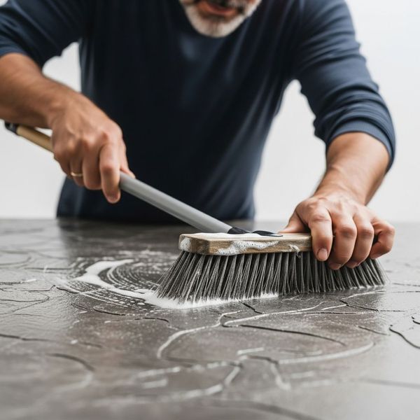 close-up of a textured decorative concrete surface being gently cleaned with a broom close-up of a textured decorative concrete surface being gently cleaned with a broom