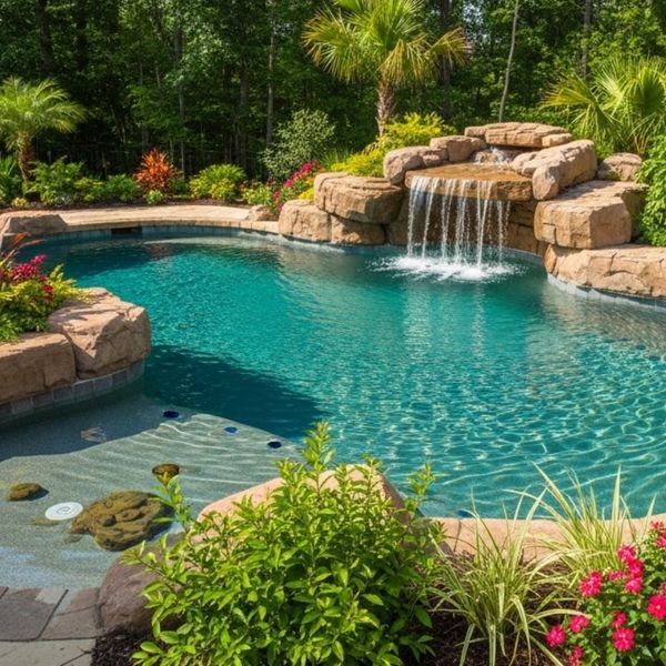 freeform pool with waterfall