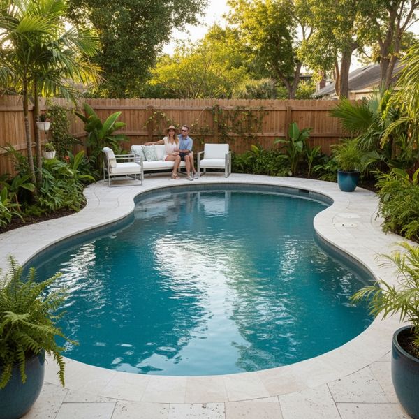 Curvilinear pool integrated into a lush small backyard landscape. Curvilinear pool integrated into a lush small backyard landscape.