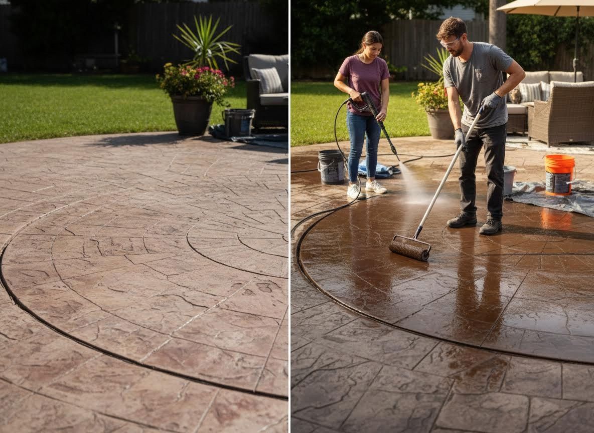Before and After Stamped Concrete Patio Maintenance
