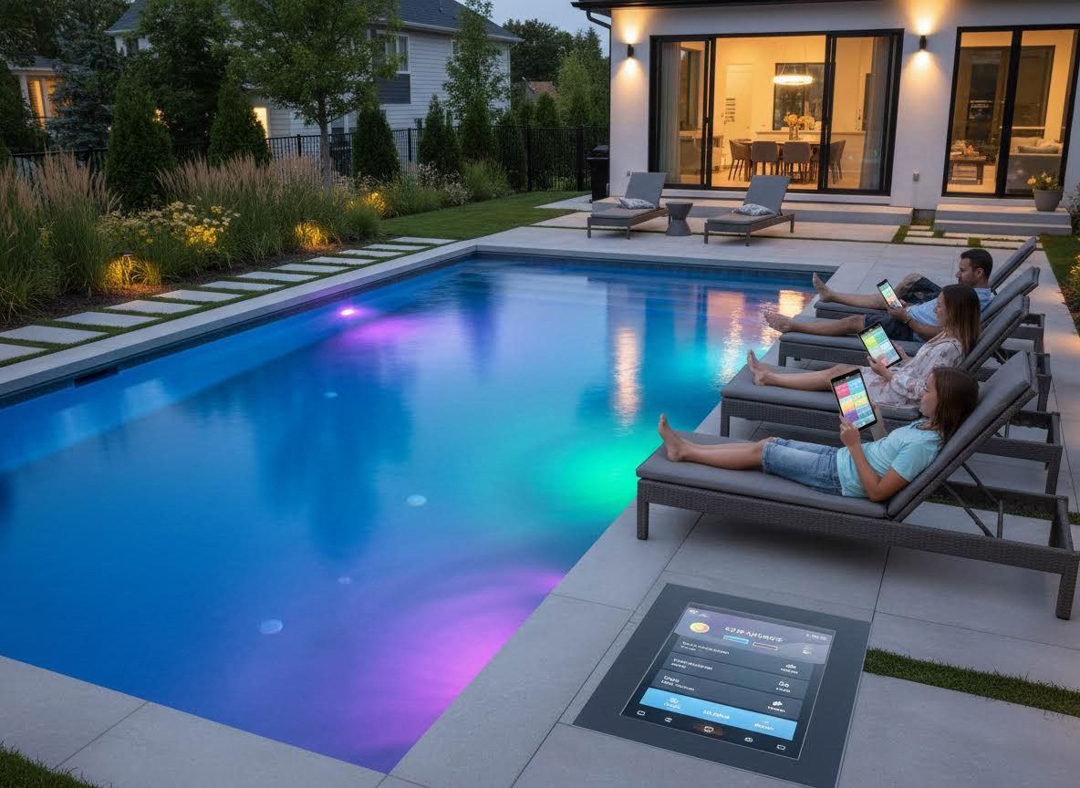 Family Relaxing by a Smart Pool with LED Lighting and Integrated Controls