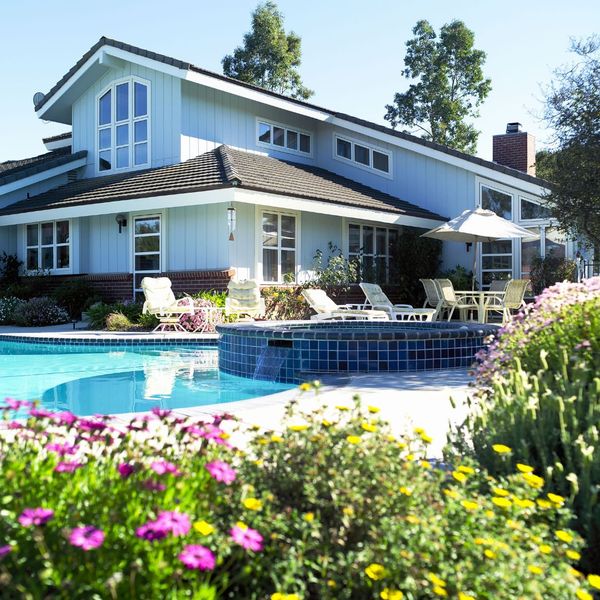 house with pool viewed through pink and yellow flowers