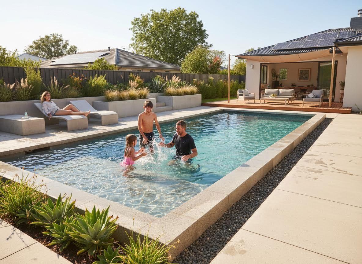 Family enjoying a modern backyard swimming pool