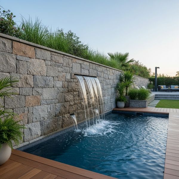 Pool with an integrated stone retaining wall and waterfall. Pool with an integrated stone retaining wall and waterfall.