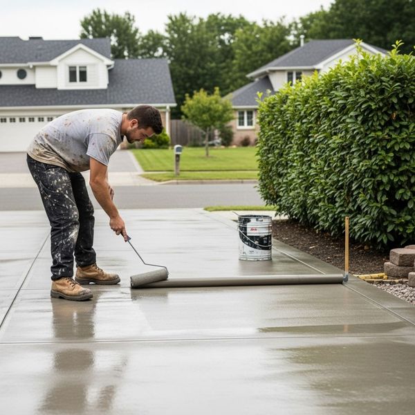 worker applying a sealant to a finished concrete driveway to protect it from the elements