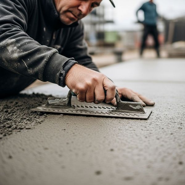 a worker skillfully finishing a concrete surface with a trowel