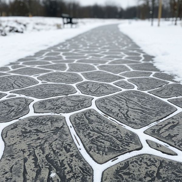 decorative concrete walkway covered in a light dusting of snow