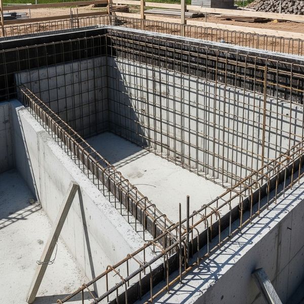 steel-reinforced structure of a concrete pool during construction
